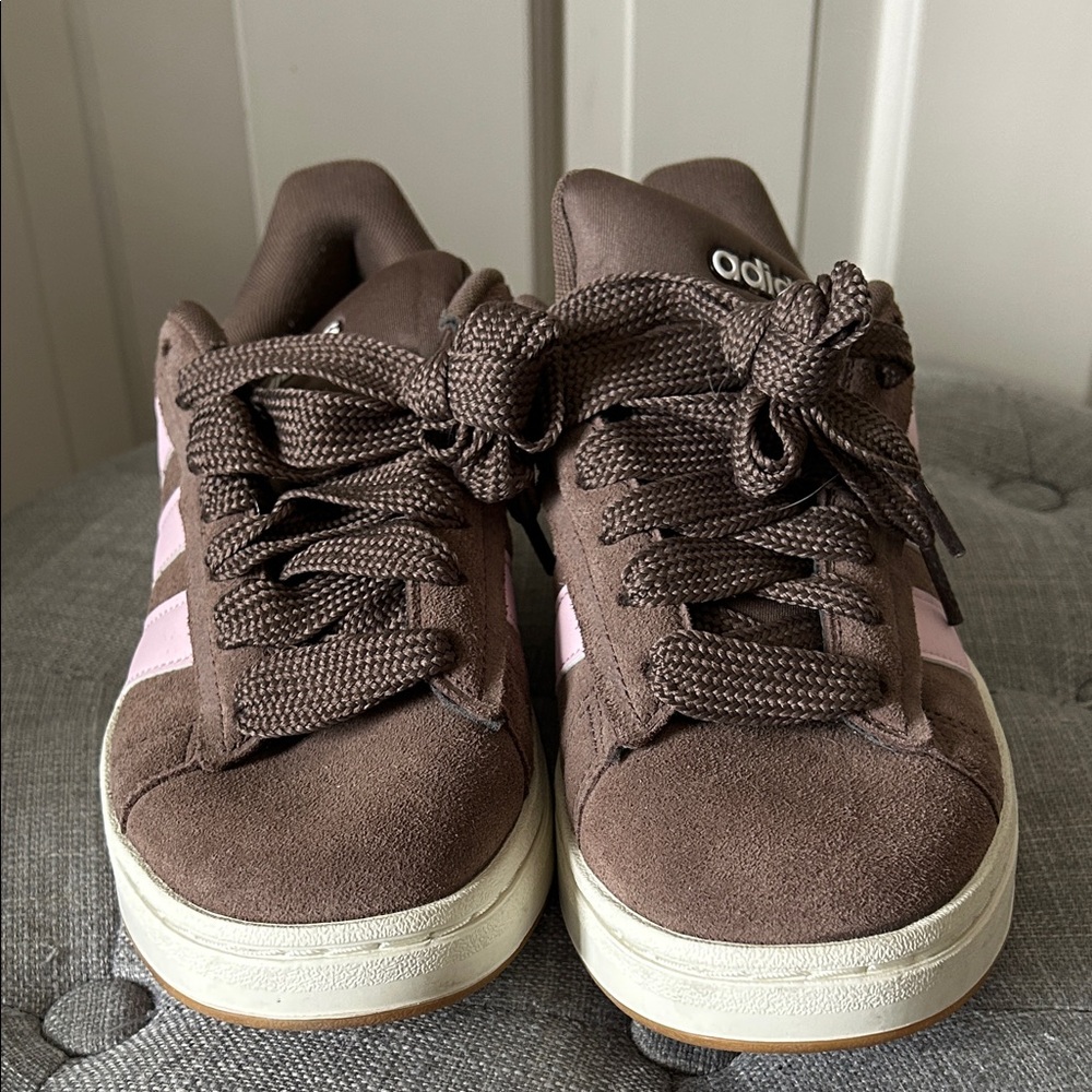 adidas Brown Suede Sneakers with Pink Stripes